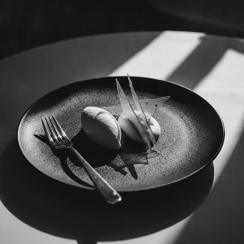Angerichteter Dessertteller mit Quenelle und dünnen Zuckerspitzen, Schwarzweiss-Aufnahme