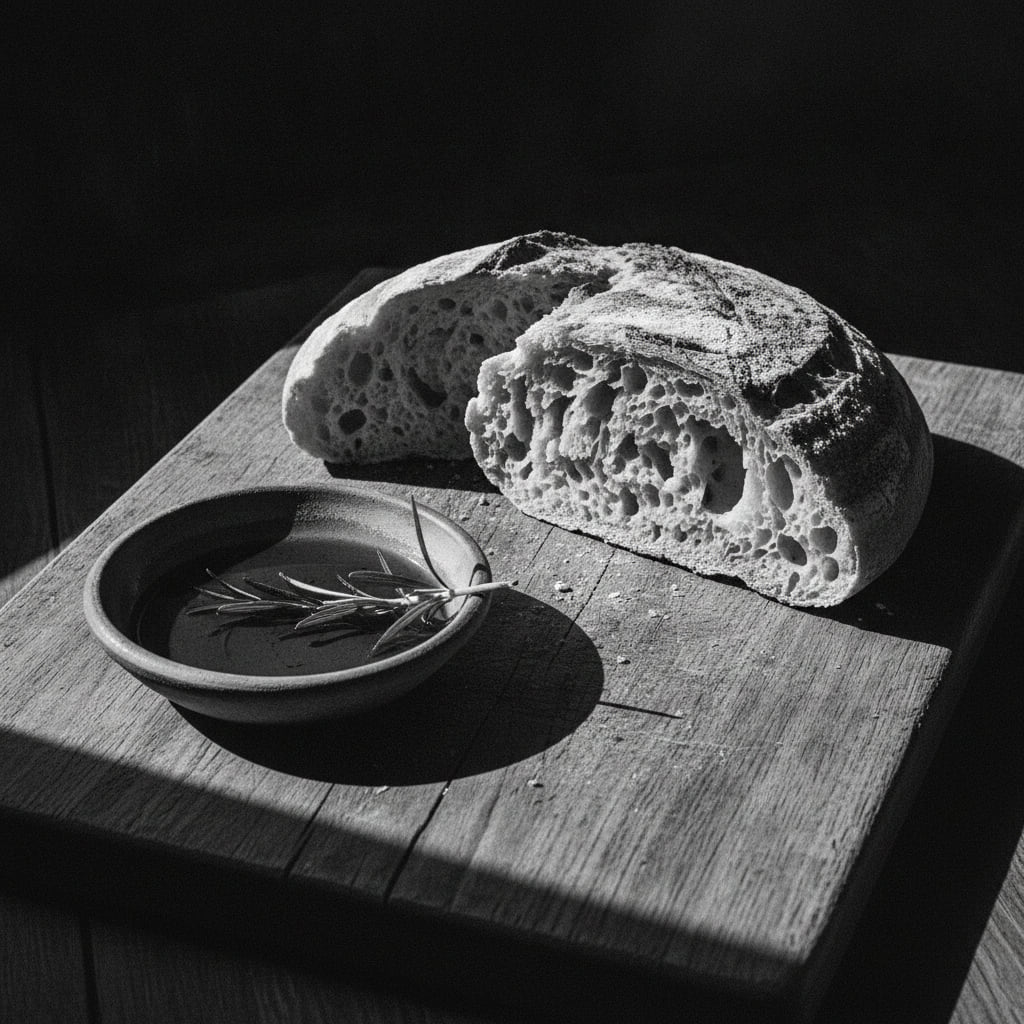 Aufgeschnittenes Sauerteigbrot auf einem Holzbrett neben einer Schale mit Olivenöl, Schwarzweiss-Aufnahme