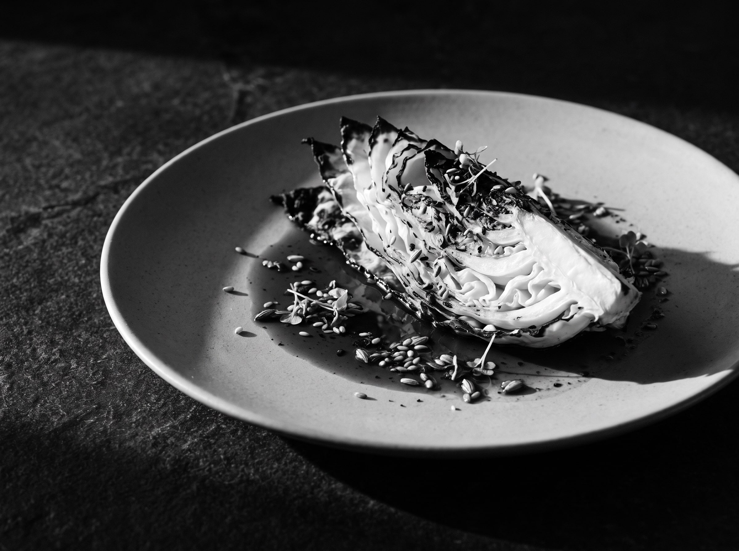 Angebratener Spitzkohl auf einem matten Keramikteller mit Kräuteröl und gerösteten Saaten, Schwarzweiss-Aufnahme