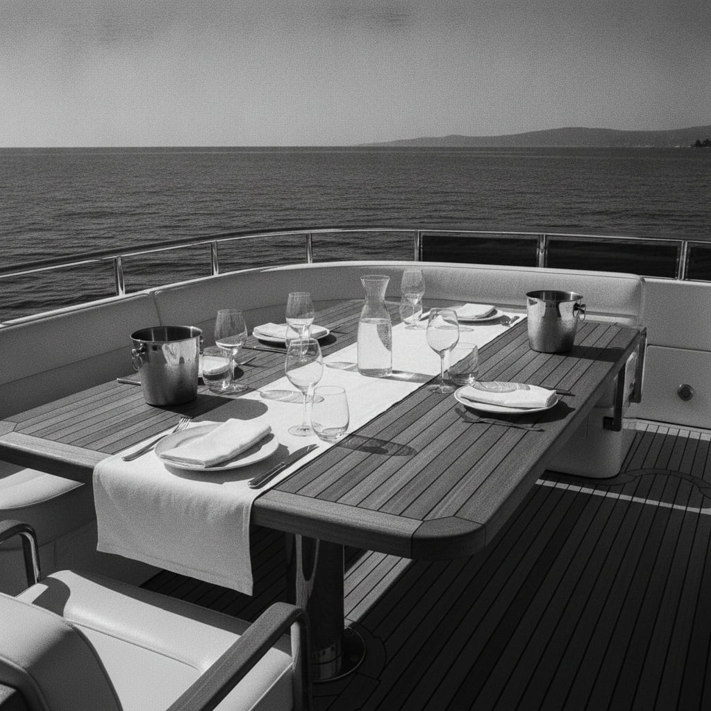 Eingedeckter Tisch auf dem Achterdeck einer Yacht mit Blick auf die offene Bucht, Schwarzweiss-Aufnahme