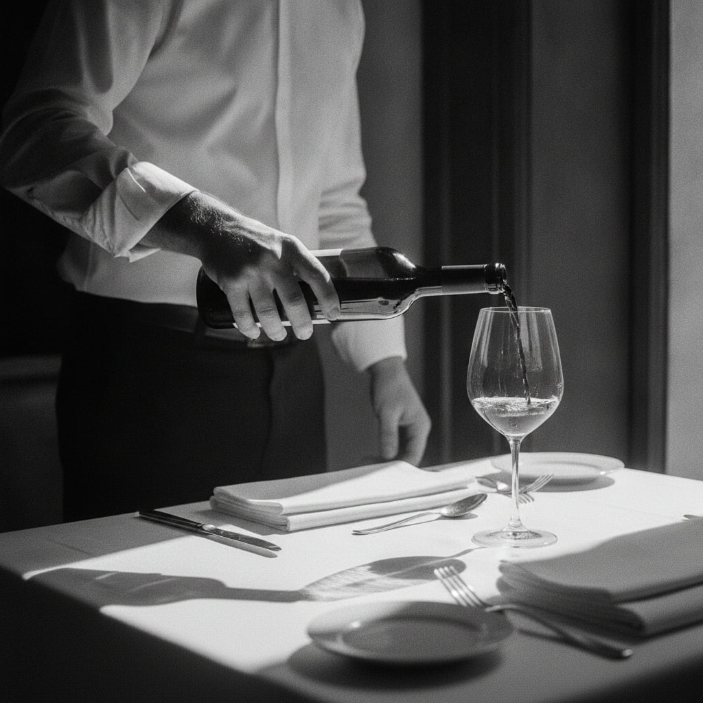 Wein wird an einer gedeckten Tafel in ein Glas eingeschenkt, Schwarzweiss-Aufnahme